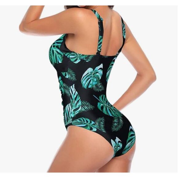 NEW Tempt Me Green Leaf Print One Piece Swimsuit Size M NWT Adjustable Straps - Picture 2 of 6